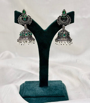 Oxidised Silver Green Stone Jhumka Earrings,llb435