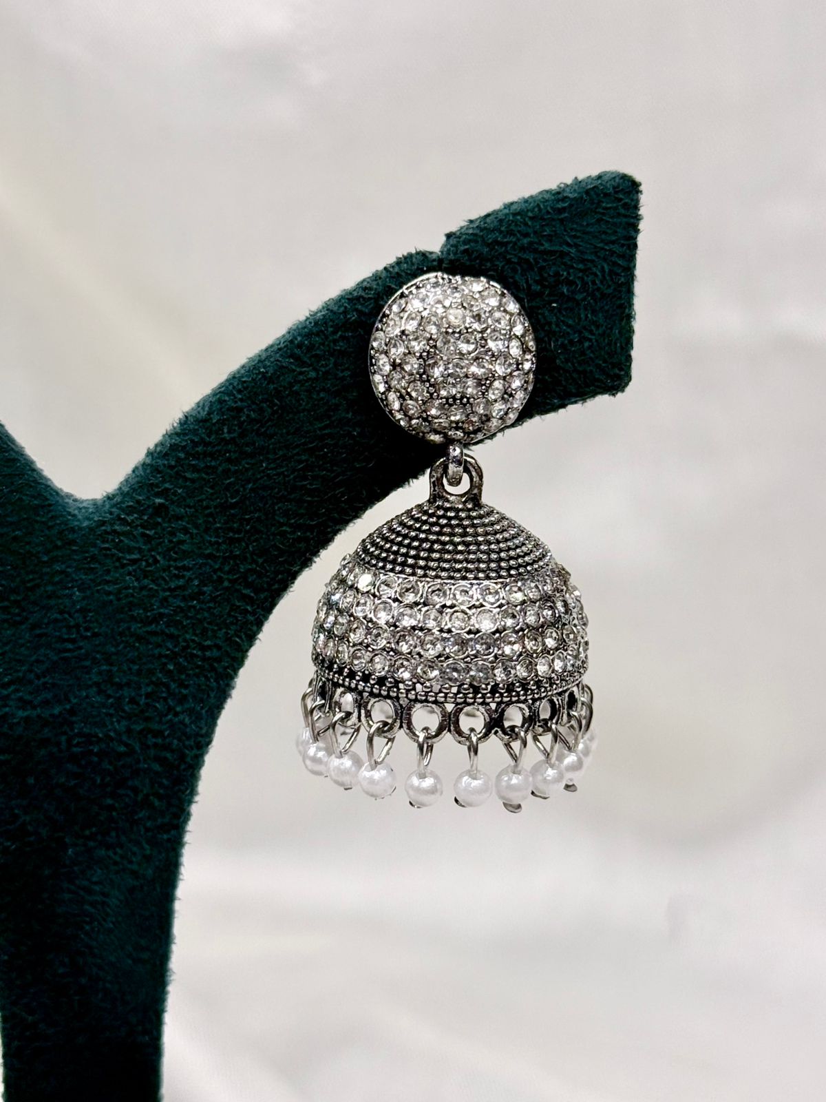Silver Crystal Jhumka Earrings with Pearl Drops,llb438