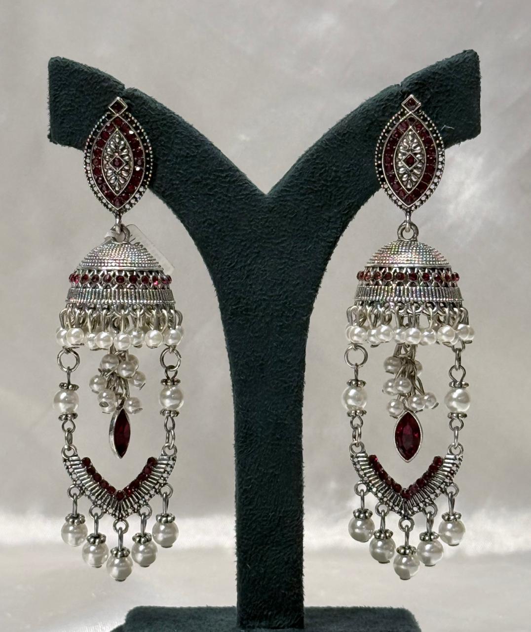 Antique Silver Red Stone Pearl Jhumka Earrings for Women,llb594