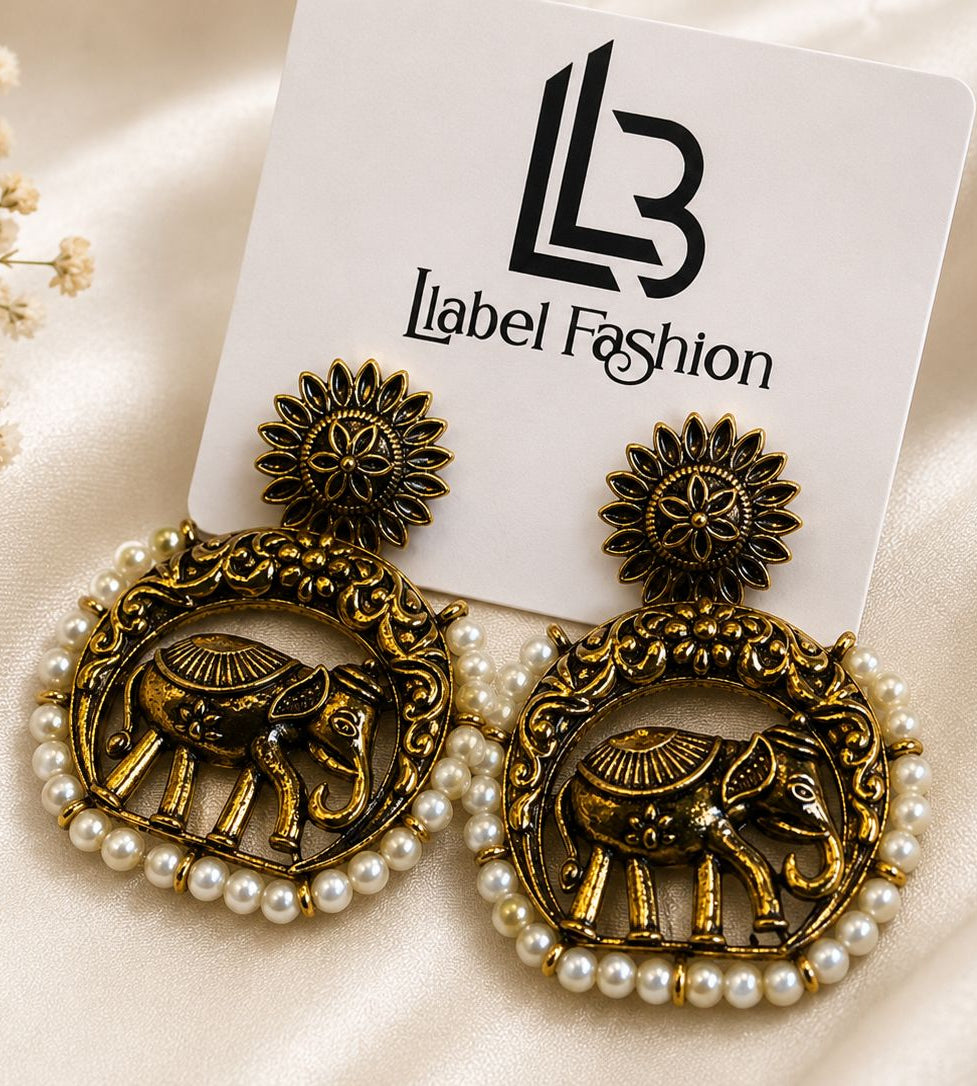 Oxidised Gold Elephant Hoop Earrings with Floral Stud & Pearl Border| llb0108