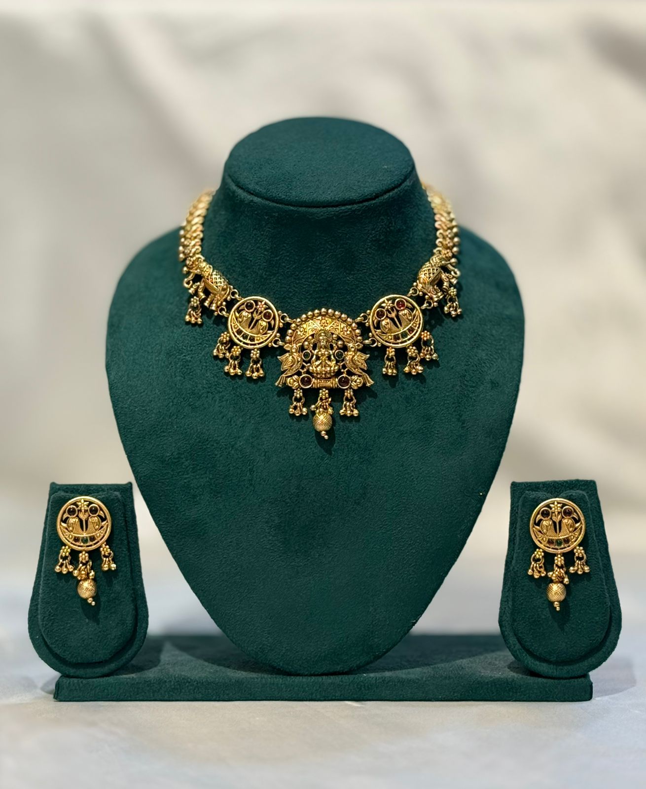Lakshmi Temple Necklace & Earring Set – Antique Gold | llb056