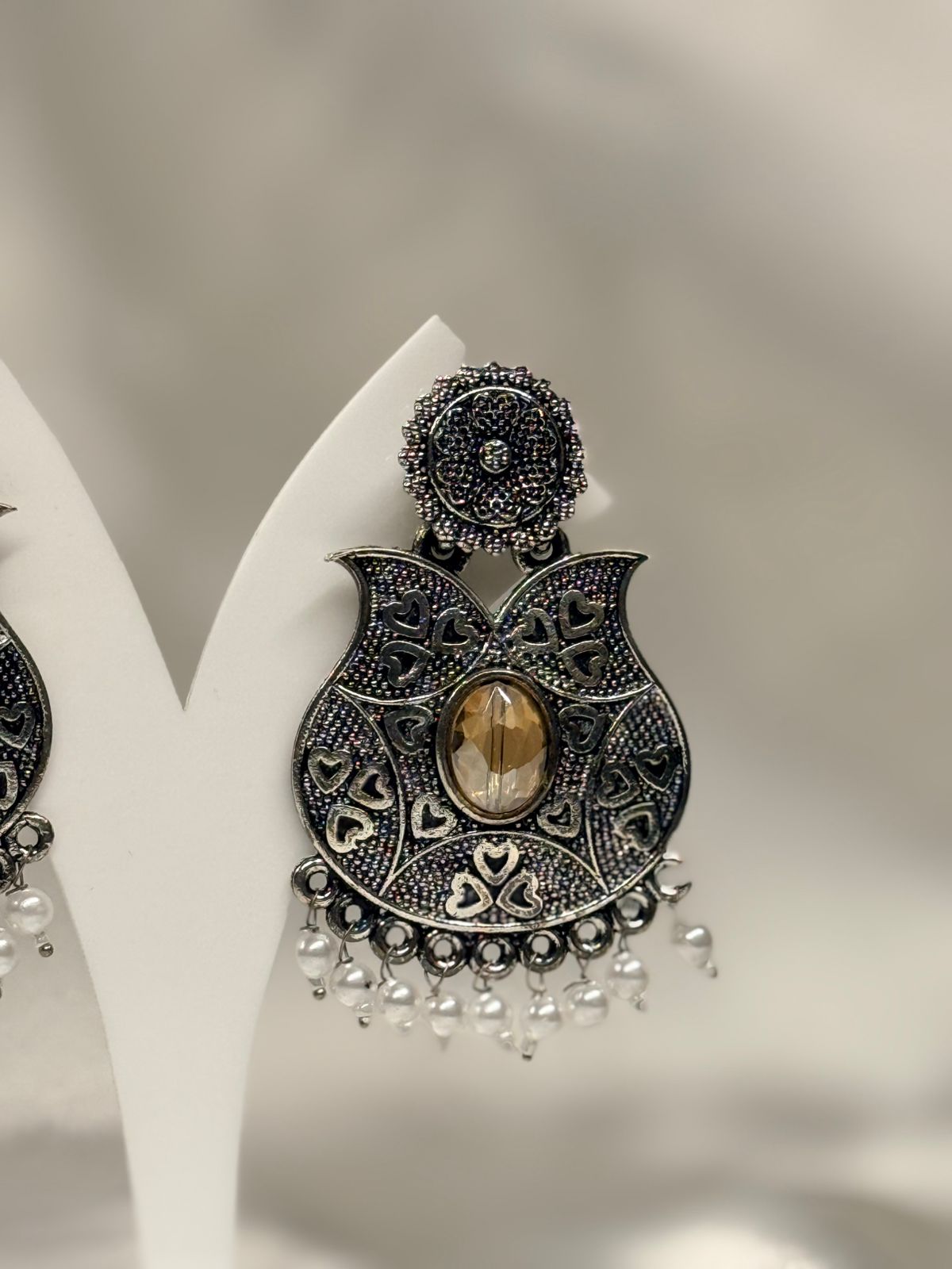 Oxidised Silver Heart Pattern Chandbali Earrings with Yellow Stone,llb645