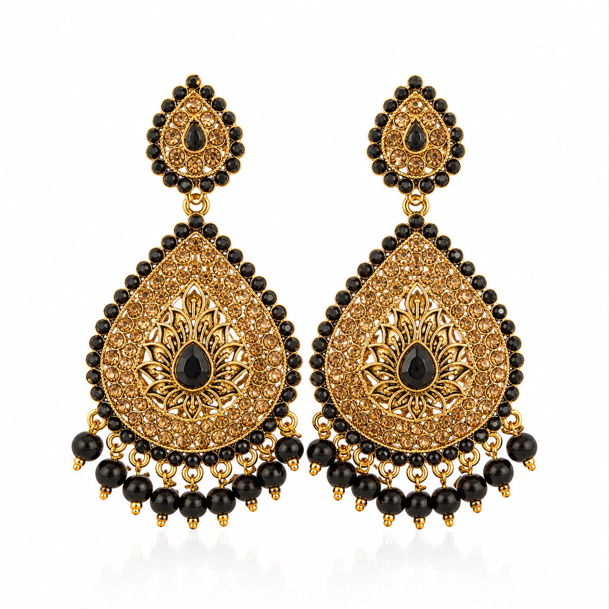 Black Gold Teardrop Chandbali Earrings | llb0147