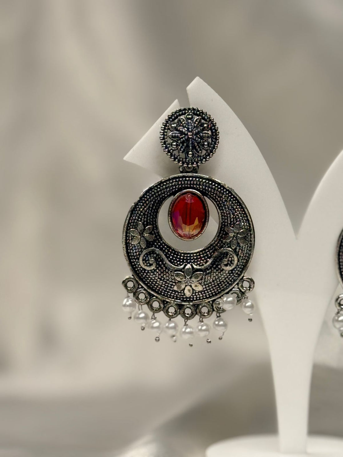 Oxidised Silver Red Stone Chandbali Earrings with Pearl Drops,llb644