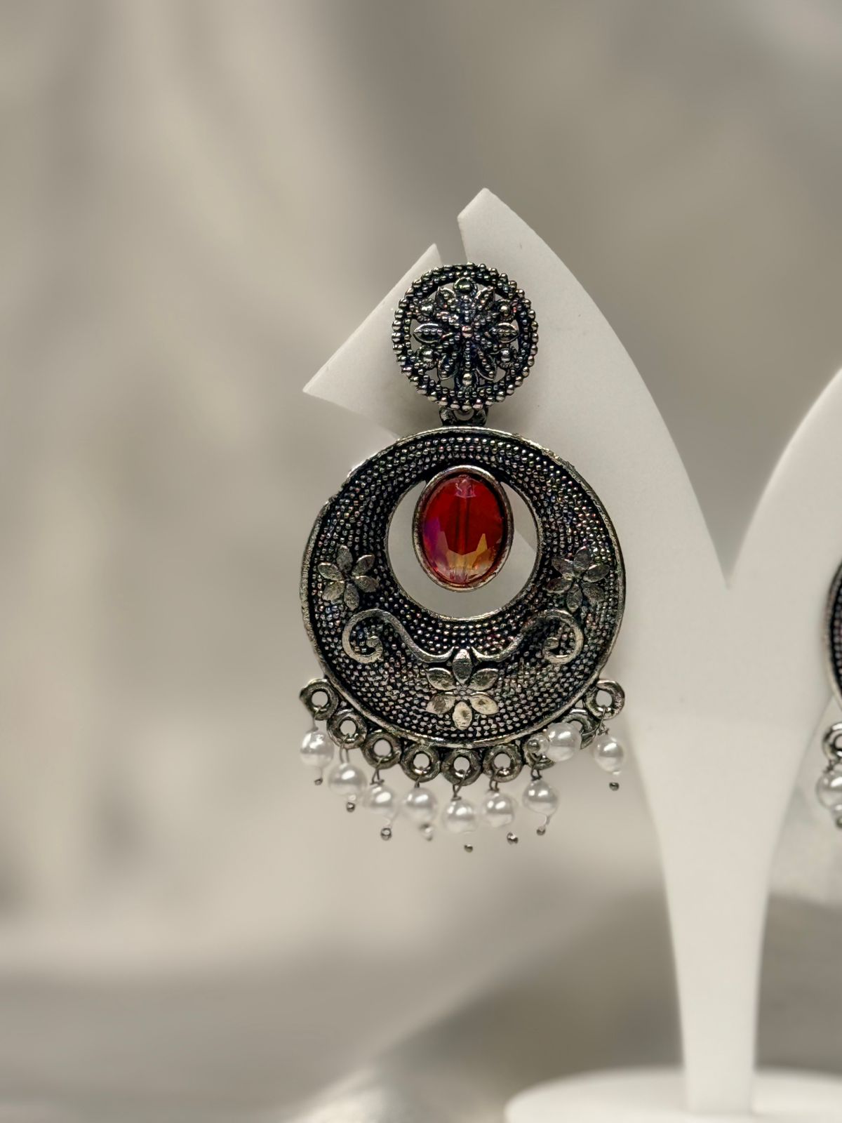 Oxidised Silver Red Stone Chandbali Earrings with Pearl Drops,llb644