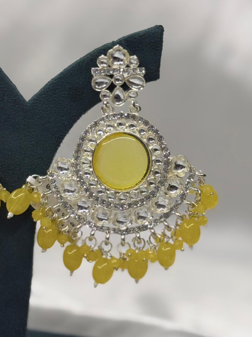 Gold Plated Kundan Chandbali Earrings with Yellow Stone,llb590
