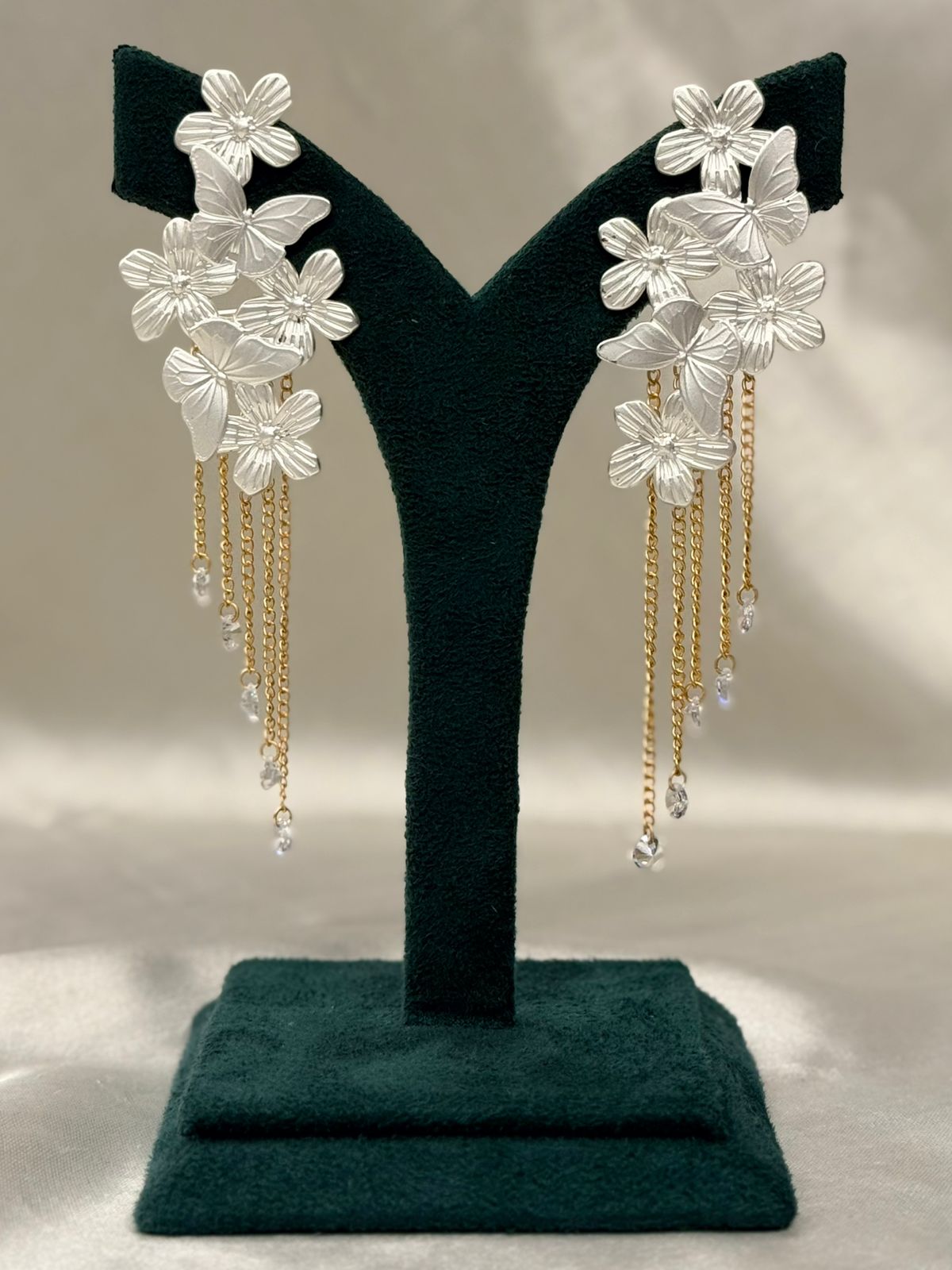 Silver Floral & Butterfly Drop Earrings with Gold Chain Tassels,llb706