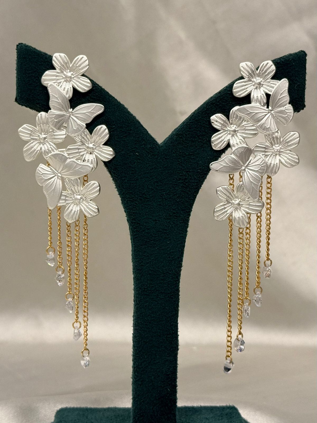 Silver Floral & Butterfly Drop Earrings with Gold Chain Tassels,llb706