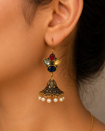 Oxidised Gold Navratna Stone Jhumka Earrings with Pearl Drops | LLB0180