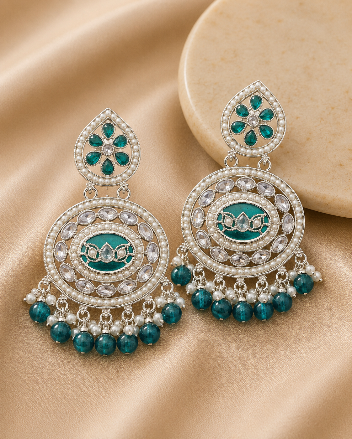 Silver Teal Meenakari Lotus Chandbali Earrings | OLT89