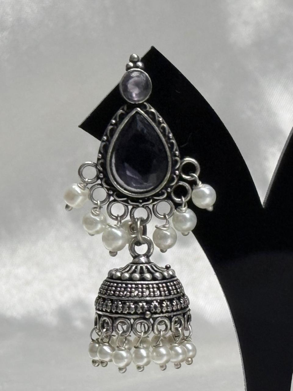 Oxidised Silver Purple Stone Jhumka Earrings with Pearls,ll605