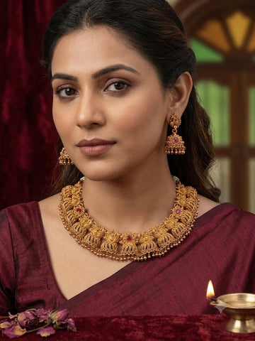 Antique Gold Jhumka Choker Necklace Set with Ruby Stones | OL171