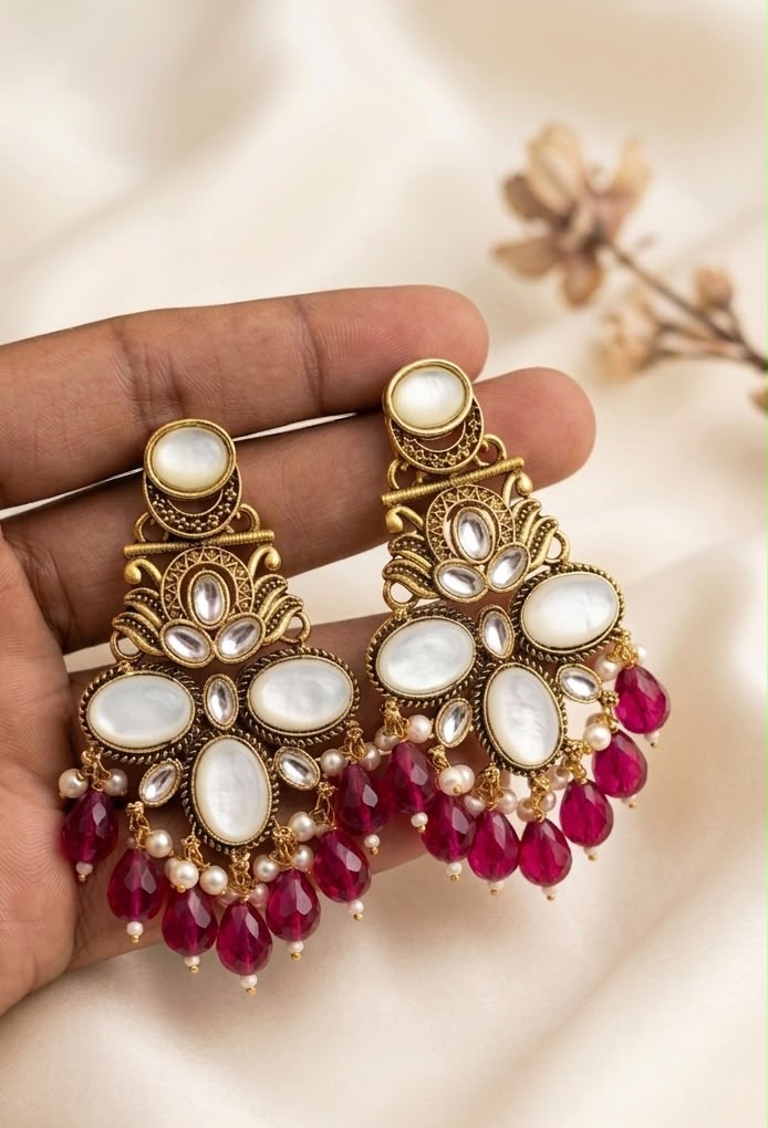 Kundan Mother of Pearl Chandbali Earrings | llb0156