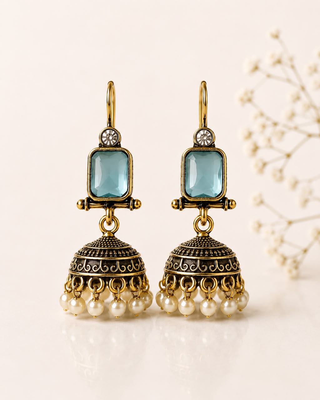 Oxidised Gold Jhumka Earrings with Amethyst Stone & Pearl Drops | LLB0179