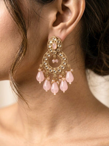 Kundan Chandbali Earrings with Pink Bead Drops | llb039