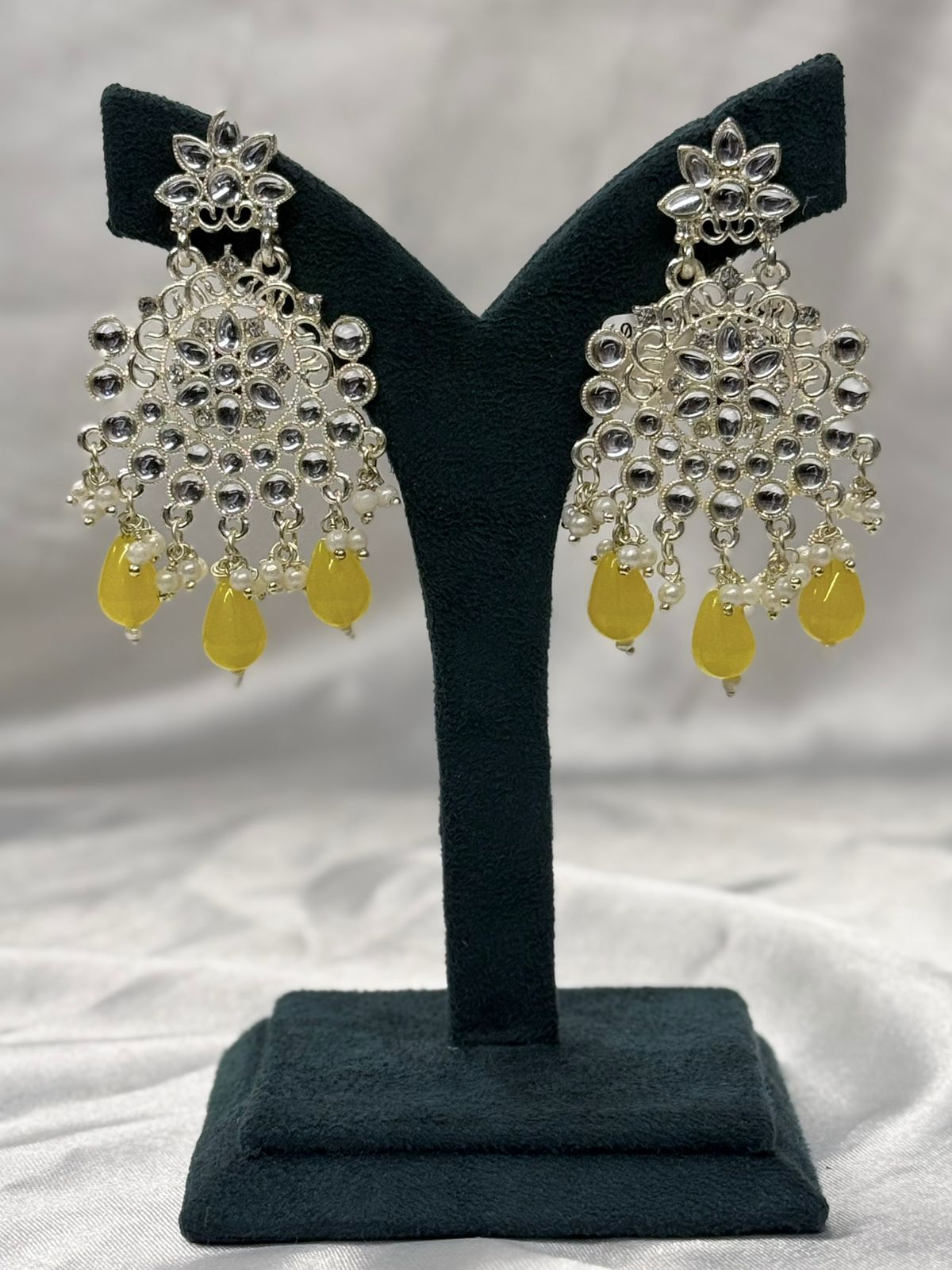 Gold Finish Kundan Chandbali Earrings with Yellow Drops,llb613