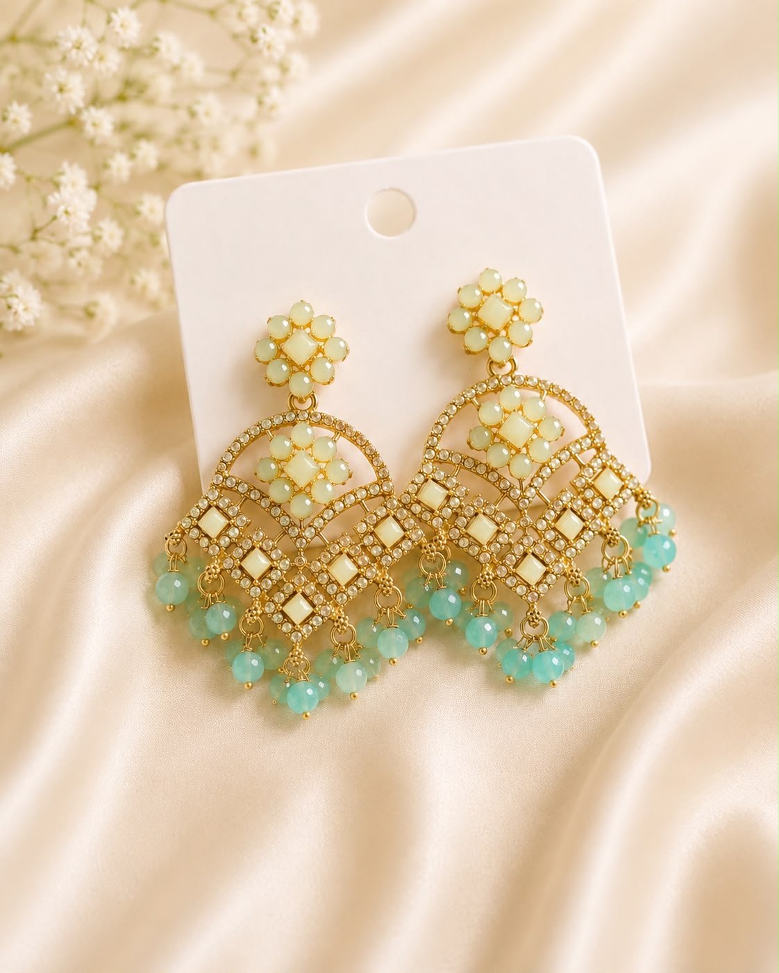 Mint Green Gold Mirror Chandbali Earrings |llb0152