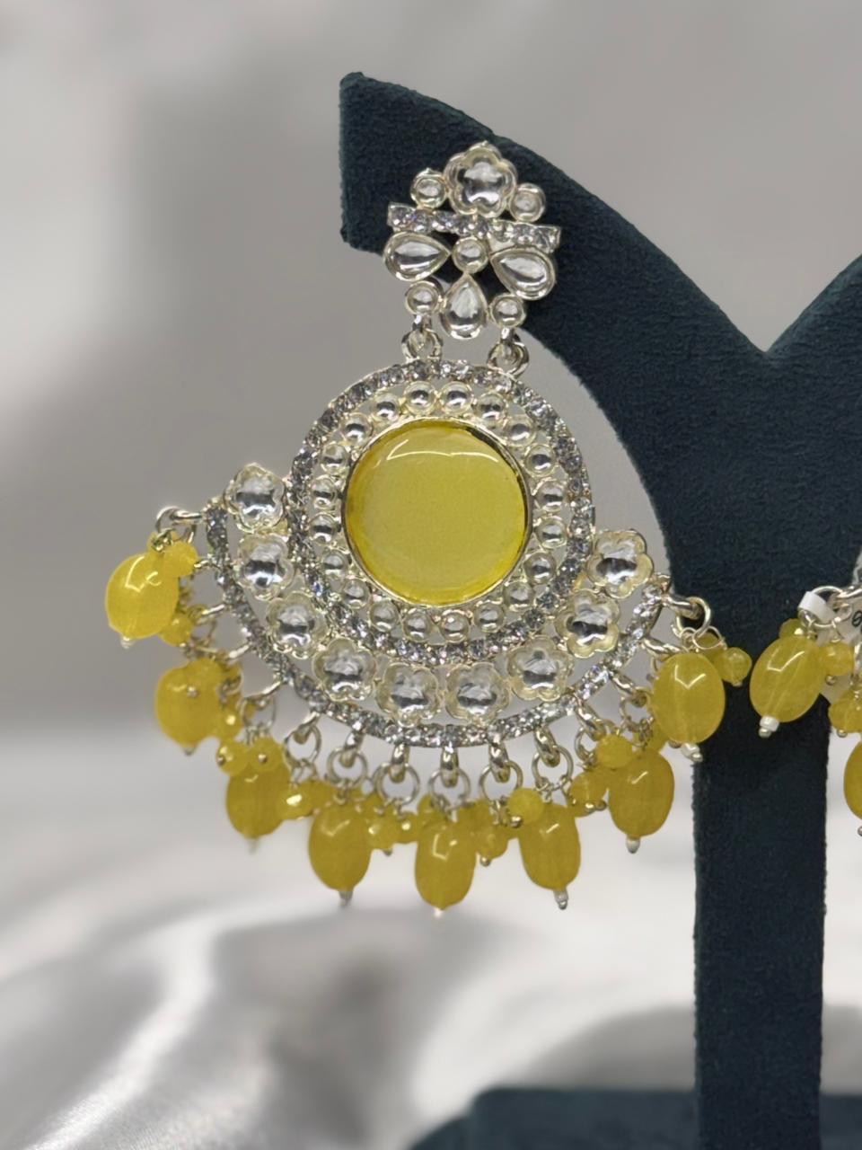 Gold Plated Kundan Chandbali Earrings with Yellow Stone,llb590