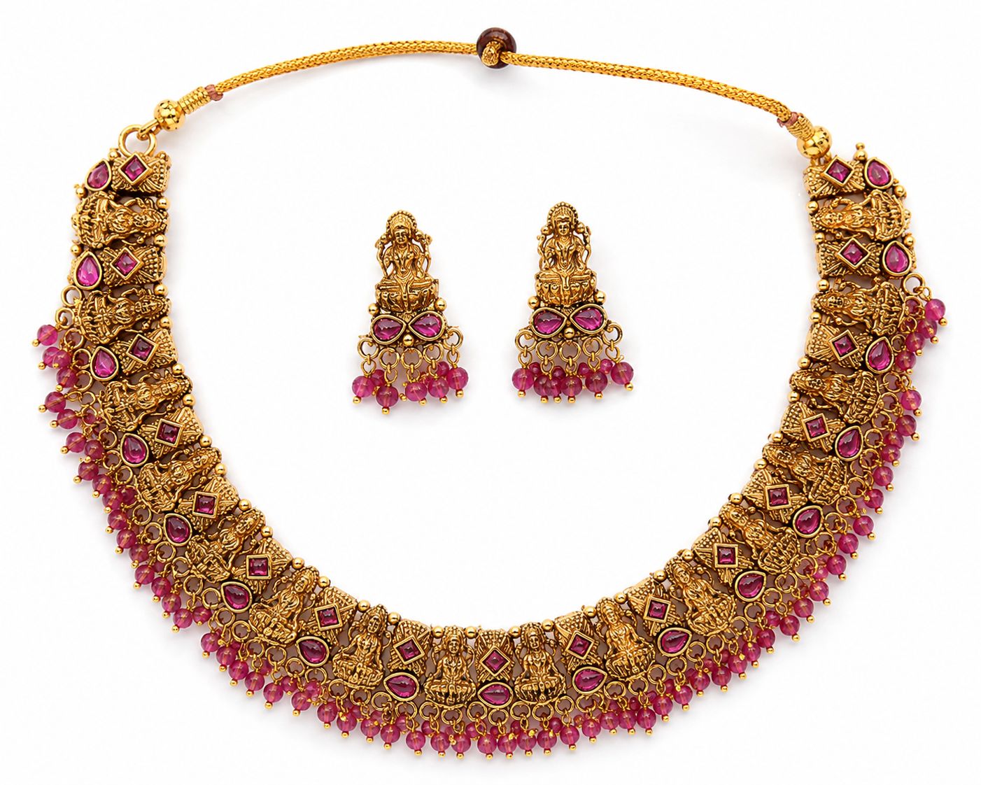 Antique Gold Lakshmi Ruby Necklace Set with Jhumka Earrings | OL05
