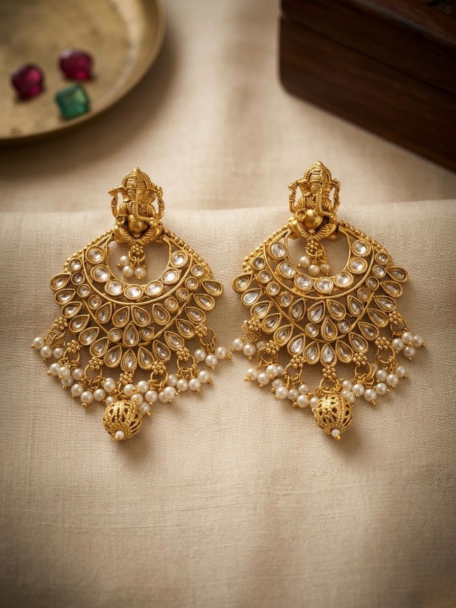 Ganesha Chandbali Earrings with Polki & Pearl Drops | llb053