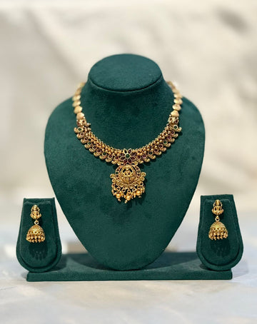 Lakshmi Temple Necklace & Jhumka Earring Set – Antique Gold | llb057