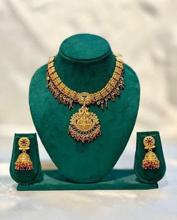 Lakshmi Peacock Temple Necklace & Jhumka Earring Set – Antique Gold | llb058