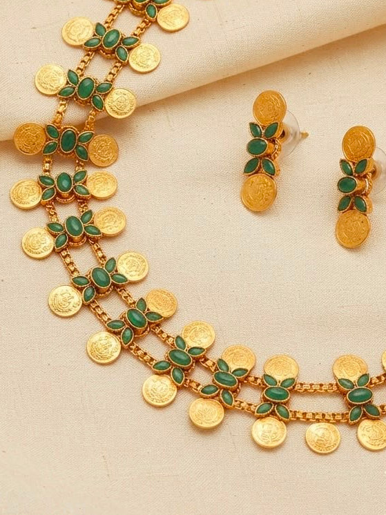 Antique Gold Emerald Green Coin & Flower Choker Necklace Set with Earrings | OL80