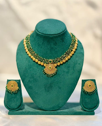 Emerald Green Beads Gold Temple Necklace & Earring Set | llb059