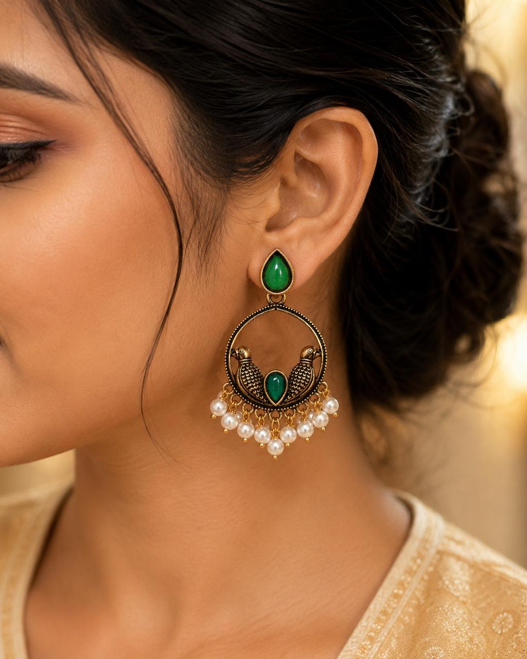 Antique Gold Chandbali Earrings | Green Stone & Pearl Drops | llb0109