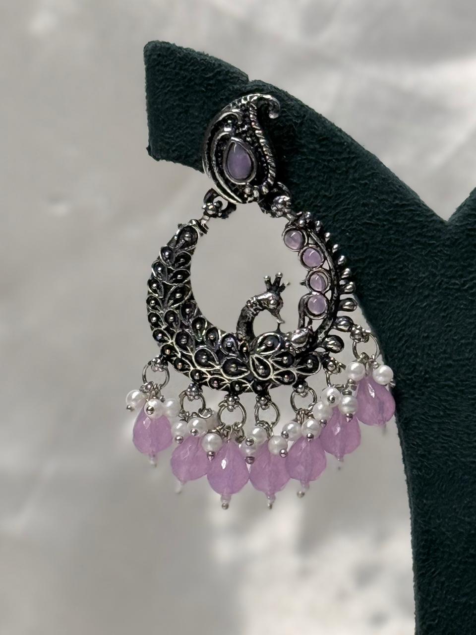Oxidised Silver Peacock Chandbali Earrings with Lilac Stones,llb607
