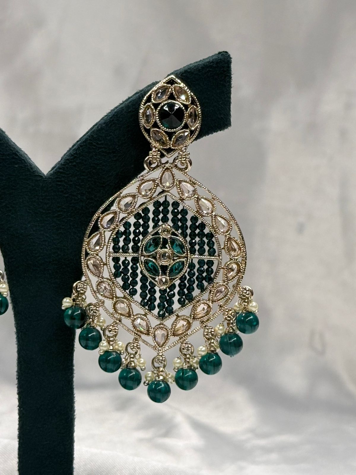 Gold Finish Green Stone Chandbali Earrings with Bead Hangings,llb554