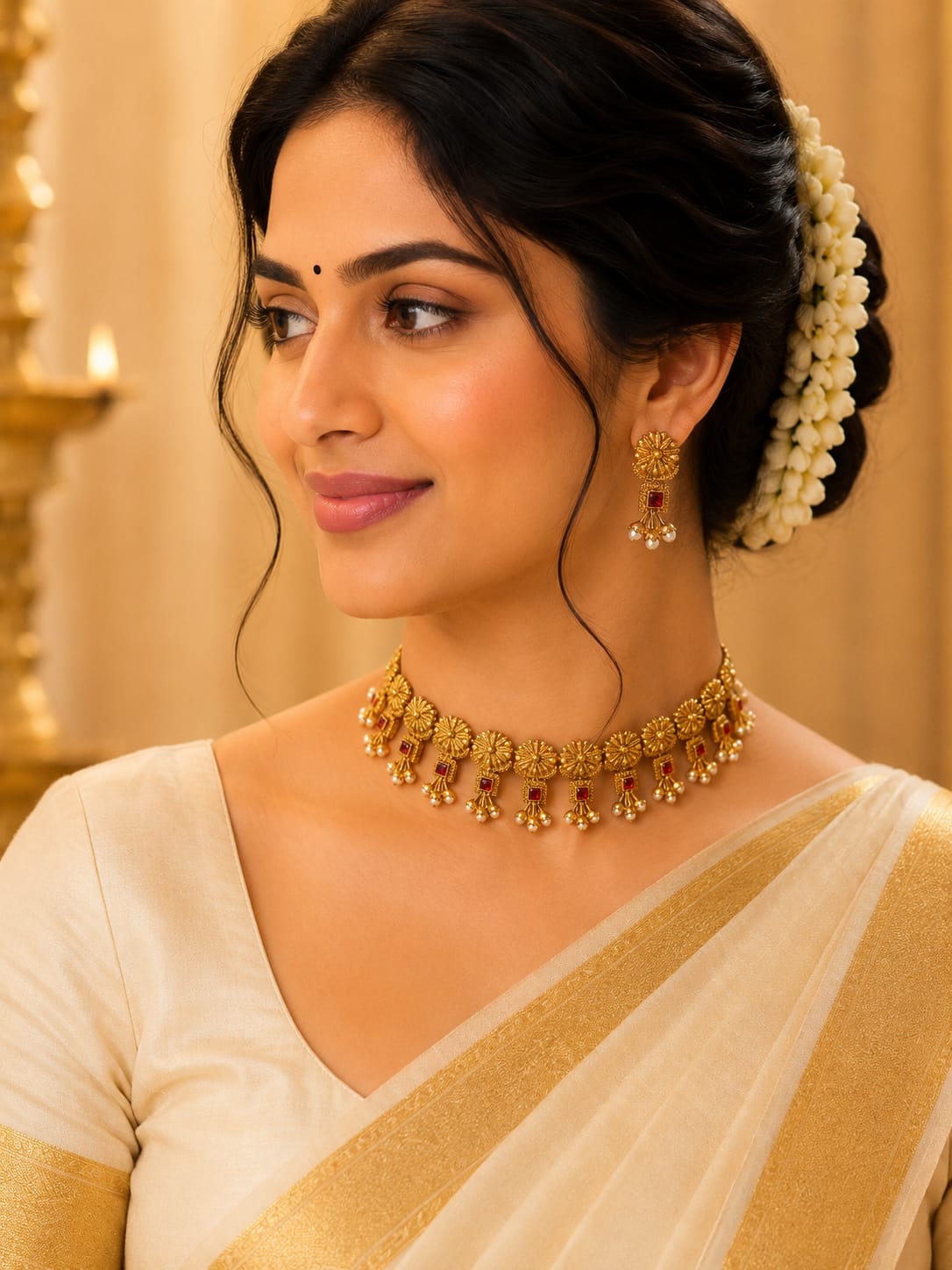 Antique Gold Floral Disc Necklace Set | OL118
