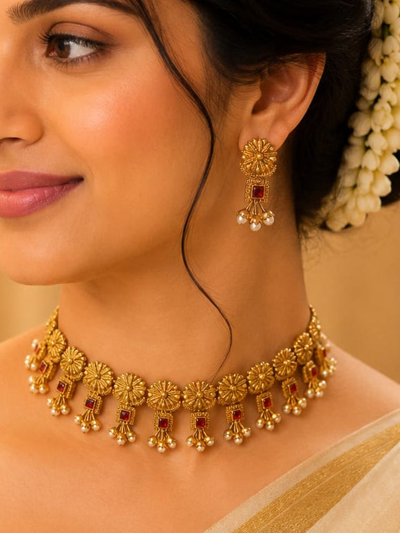 Antique Gold Floral Disc Necklace Set | OL118