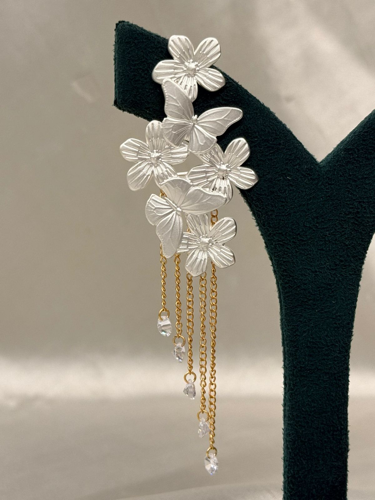 Silver Floral & Butterfly Drop Earrings with Gold Chain Tassels,llb706