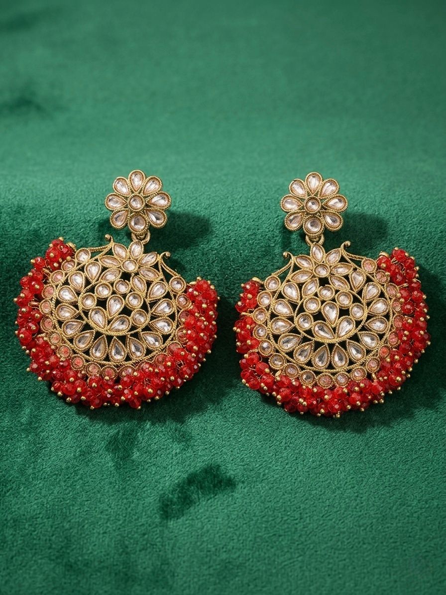 Red Bead Kundan Chandbali Earrings | llb0116