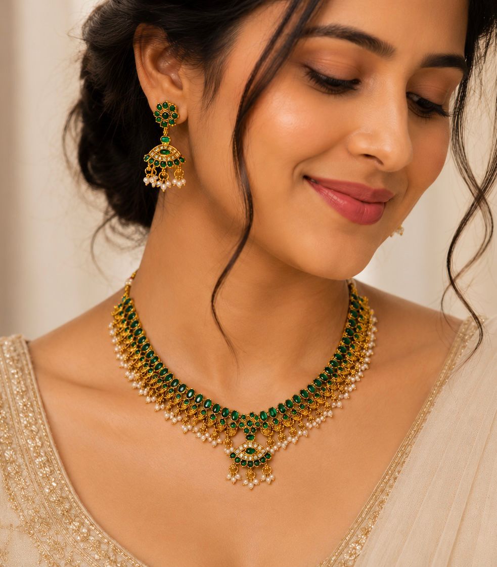 Emerald Green Stone Necklace Set with Jhumka Earrings | OL181