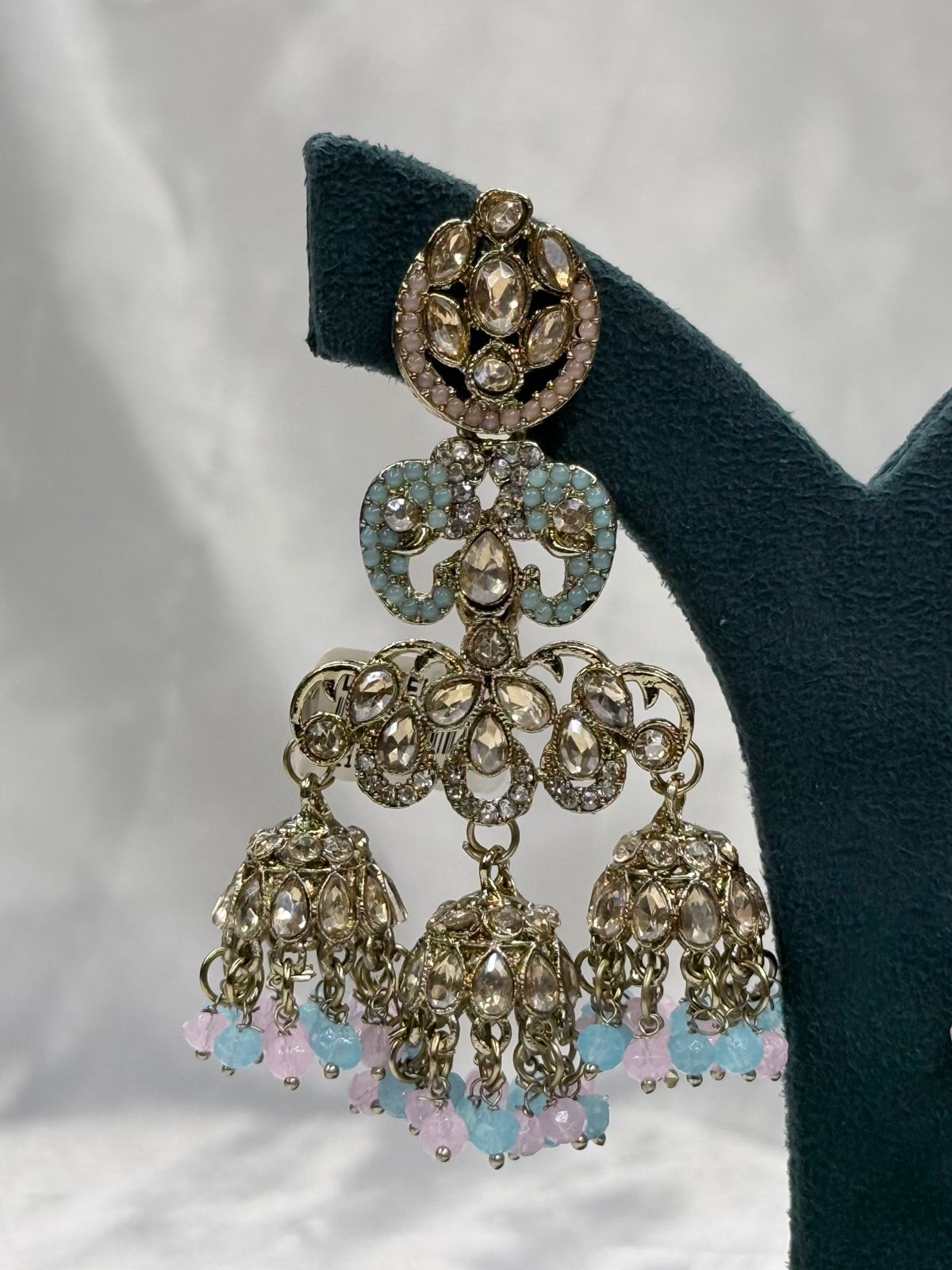 Gold Finish Kundan Jhumka Earrings with Pastel Bead Hangings,llb556