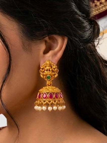 Temple Lakshmi Ruby Teardrop Jhumka Earrings with Pearl Drops | LLB0171