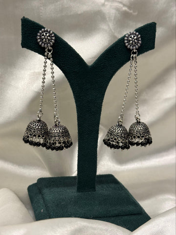 Antique Silver Jhumka Earrings with Pink Beads,llb332