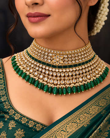 Bridal Jewellery Set with Green Beads and White Stone Embellishments | L8695