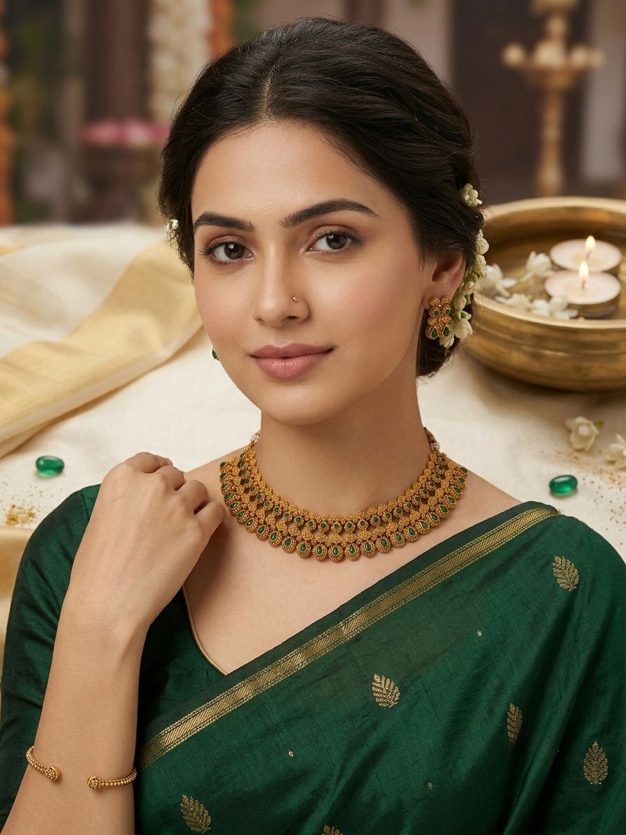 Antique Gold Emerald Stone Layered Choker Necklace Set | OL164