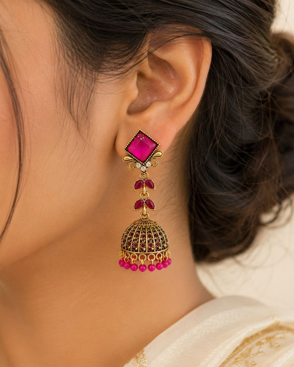Pink Ruby Square Stud Jhumka Earrings | llb0143