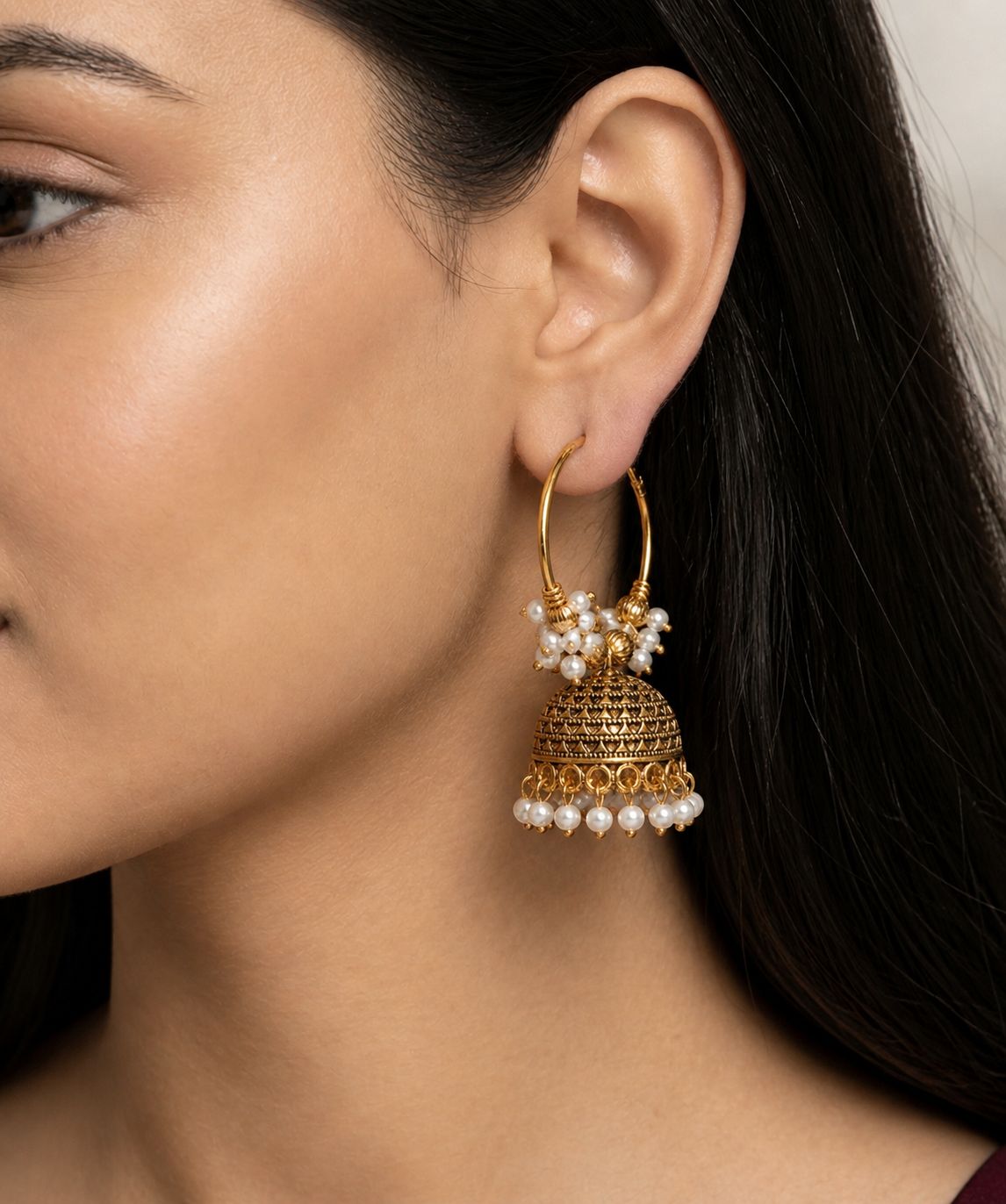 Antique Gold Hoop Jhumka Earrings with Pearl Drops / llb017