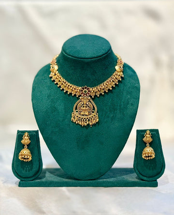 Lakshmi Floral Temple Necklace & Jhumka Earring Set – Antique Gold | llb061
