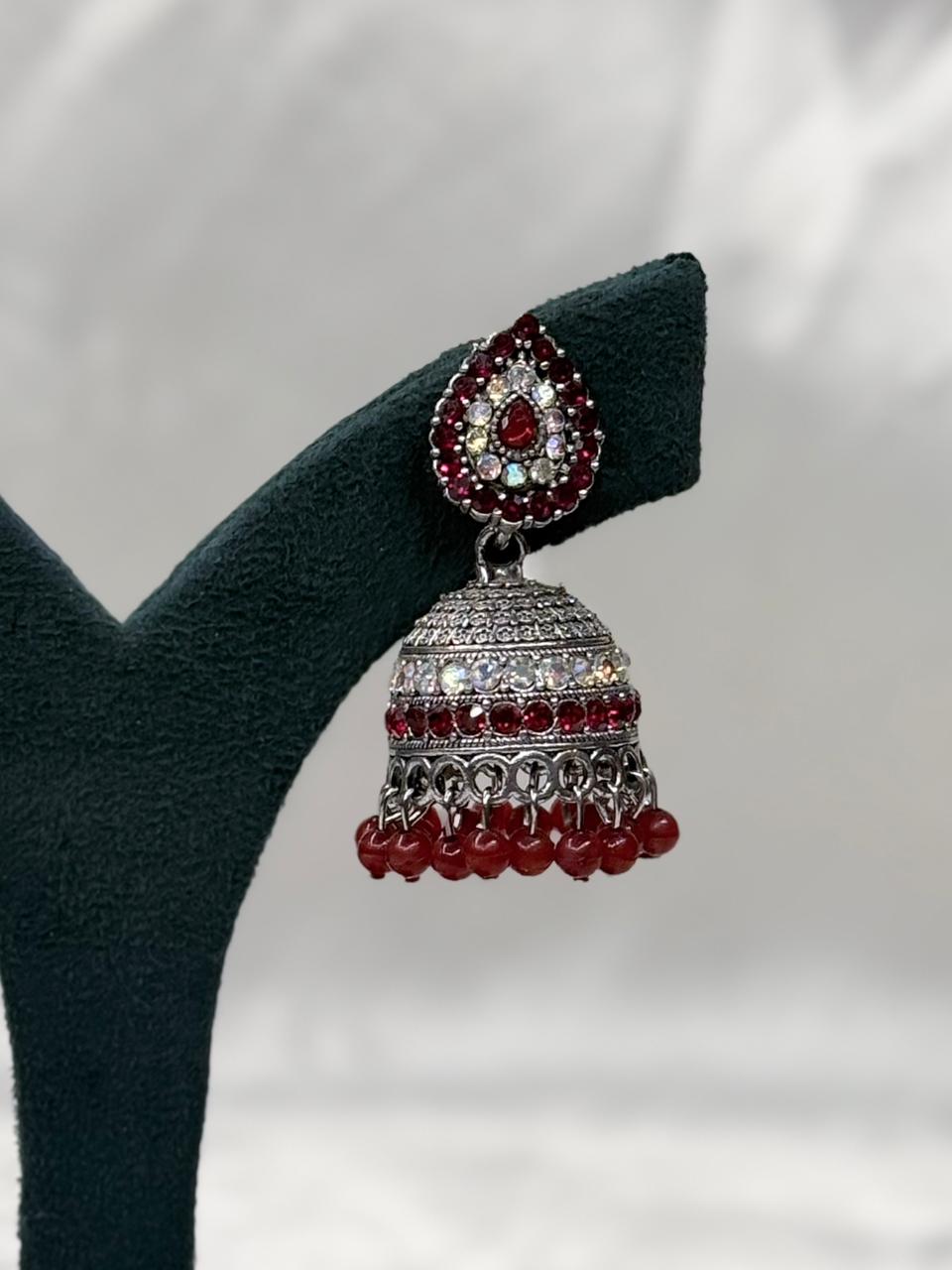 Red Stone Oxidised Silver Jhumka Earrings,llb583