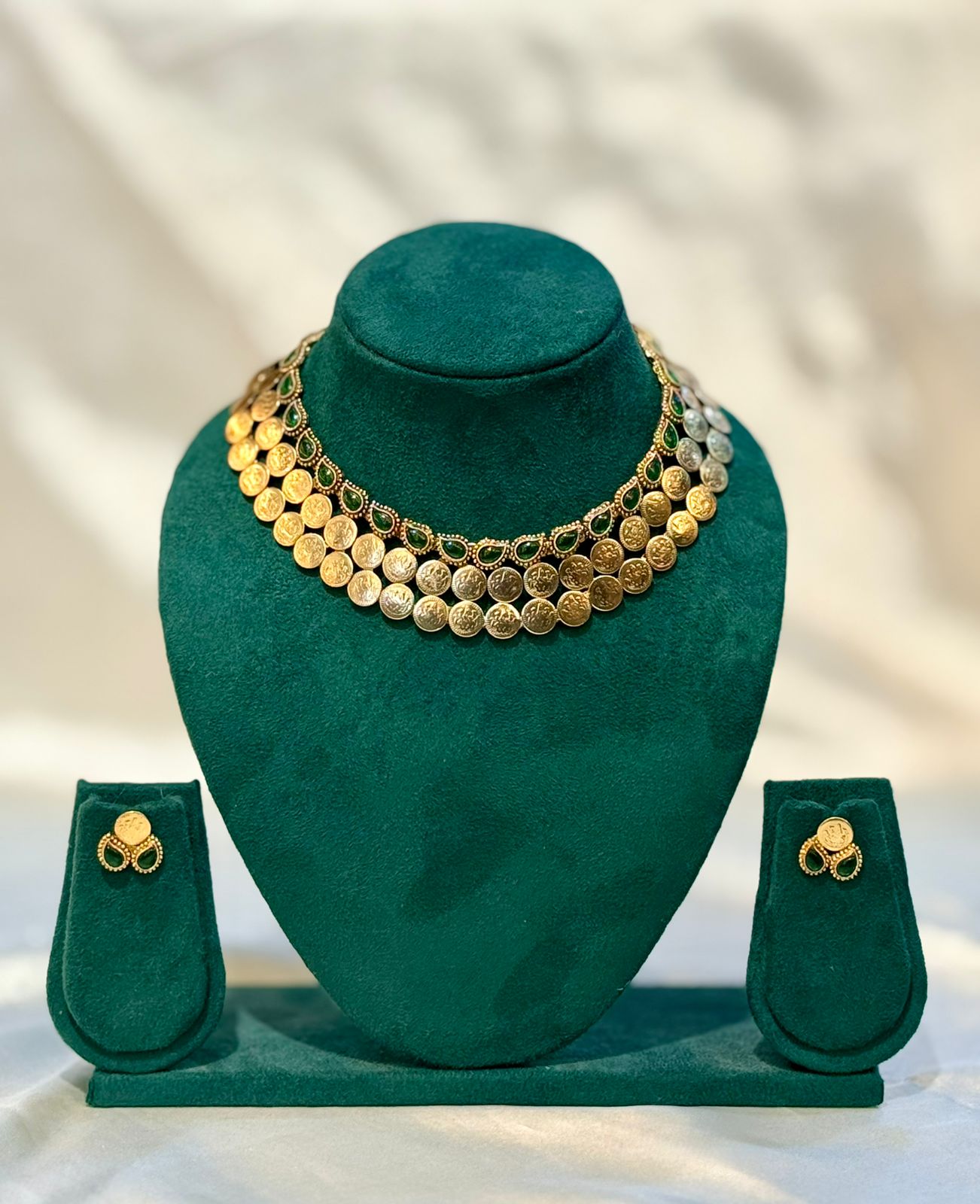 Lakshmi Kasu Coin Choker Necklace & Earring Set with Emerald Drops | llb062