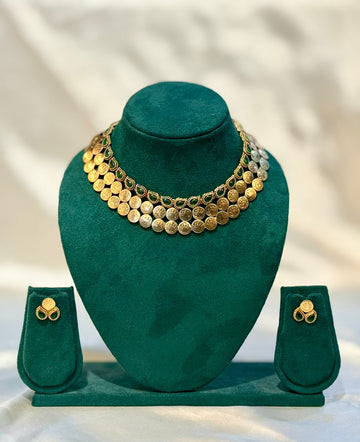 Lakshmi Kasu Coin Choker Necklace & Earring Set with Emerald Drops | llb062