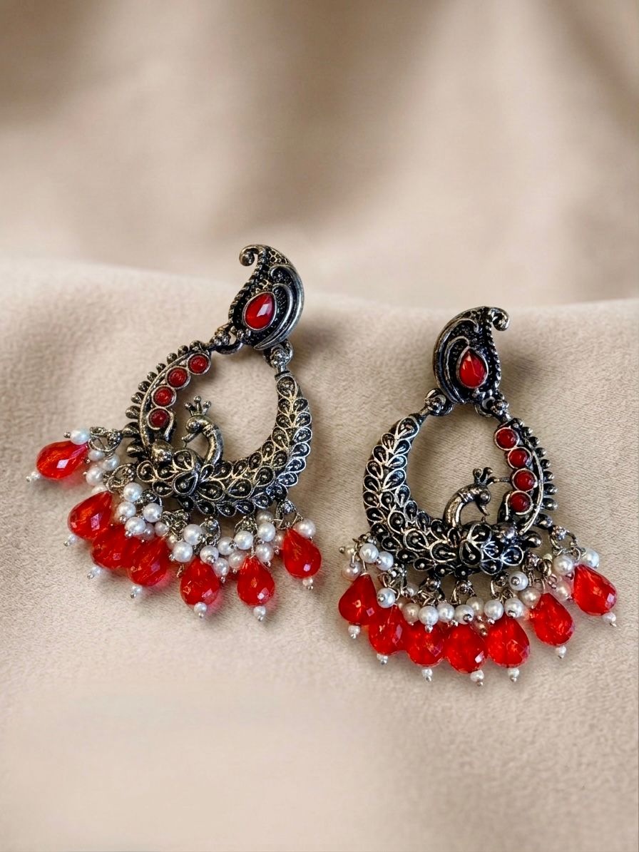 Oxidised Silver Peacock Chandbali Earrings / llb016