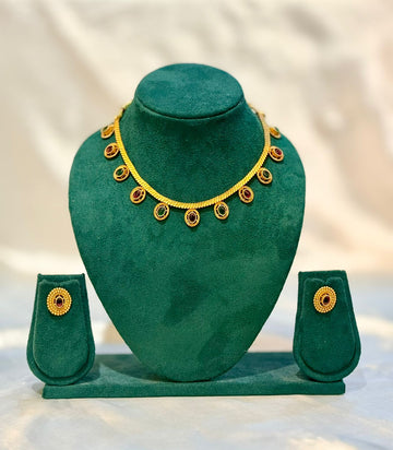 Ruby Emerald Oval Stone Gold Necklace & Stud Earring Set | llb064