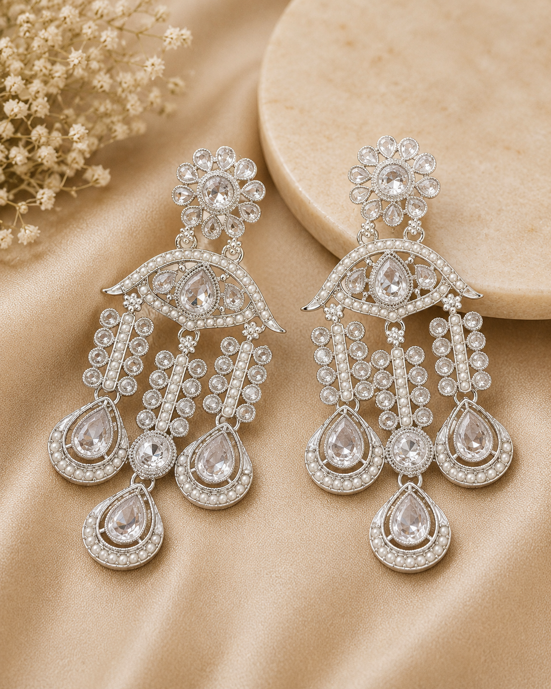 Silver Polki CZ Floral Chandelier Earrings with Pearl Drops | OLT93